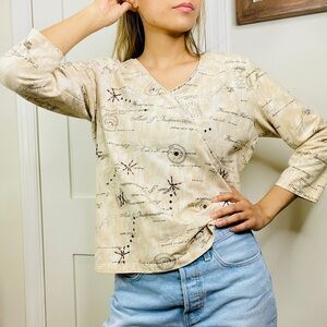 Cream Tan Beige Large Vintage Wrap Blouse French words and embellishment design